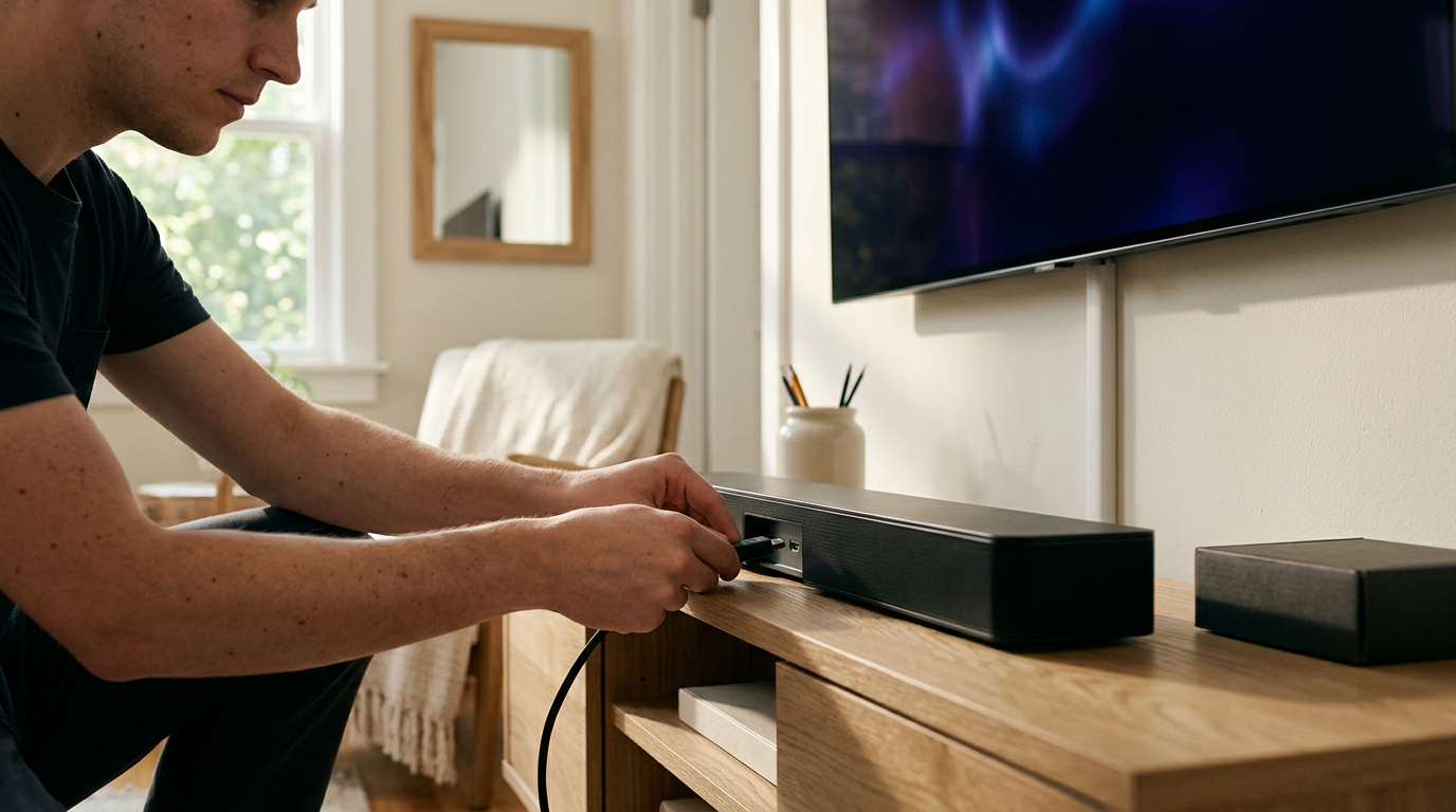 A close-up, documentary-style shot captures a pair of hands connecting an HDMI cable into the recessed port on the back of a slim soundbar.