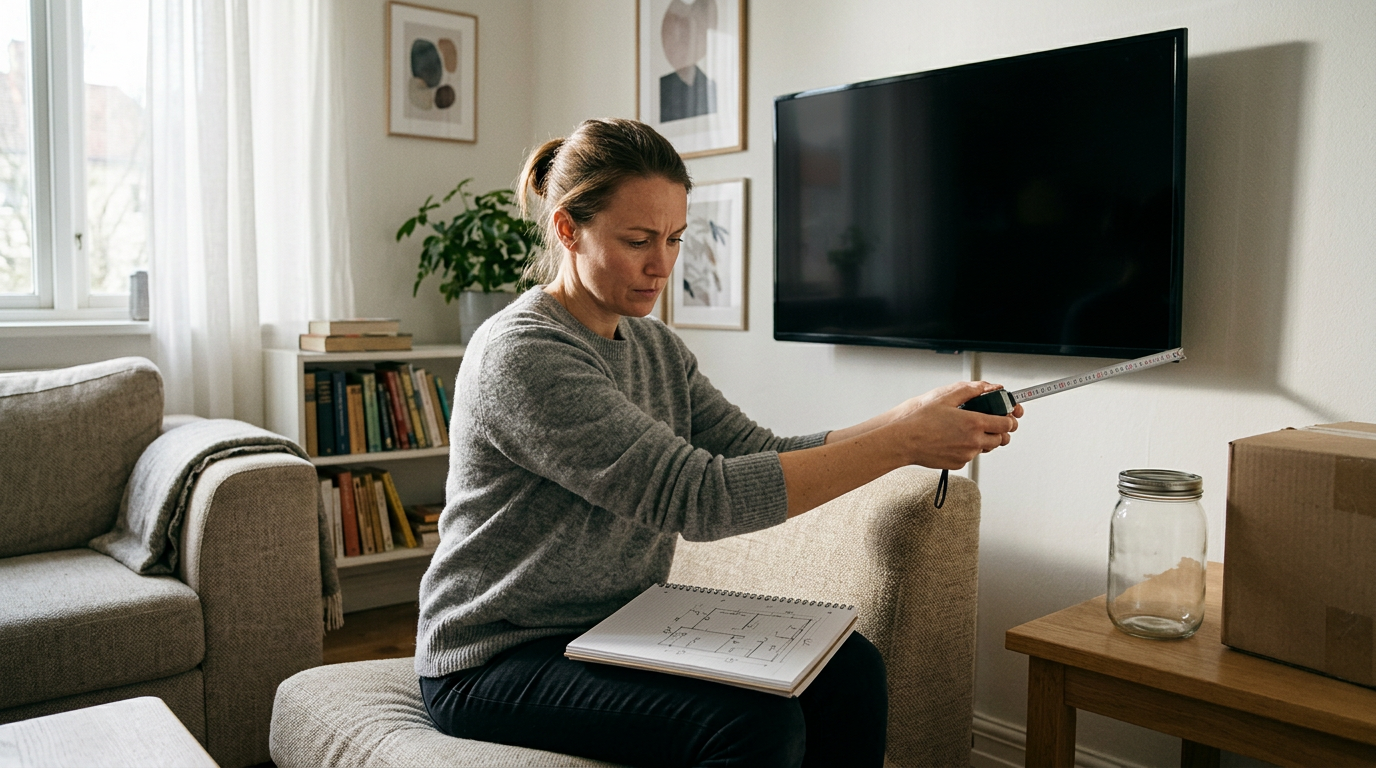 A person measures the wall below a television in a living room.