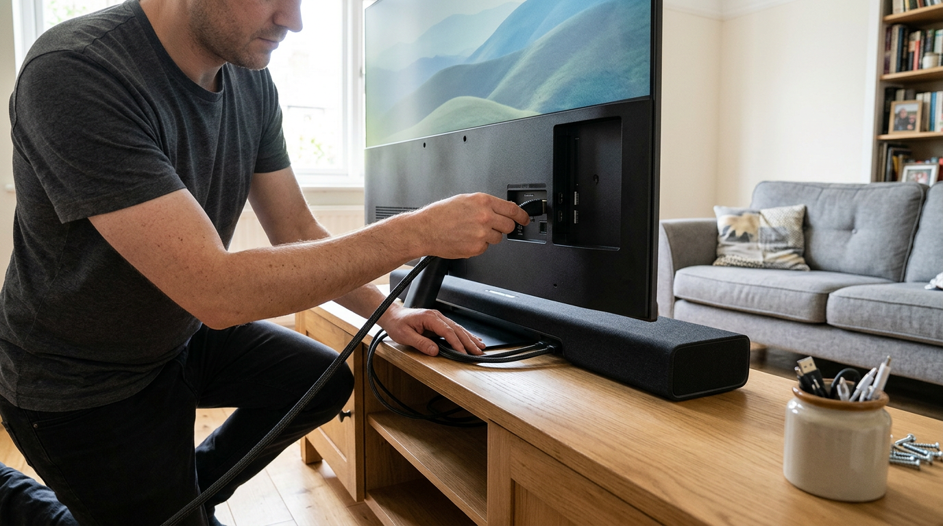 A close-up, documentary-style shot captures a person kneeling behind a television stand, their hands carefully routing a high-speed HDMI cable toward an eARC-labeled port.