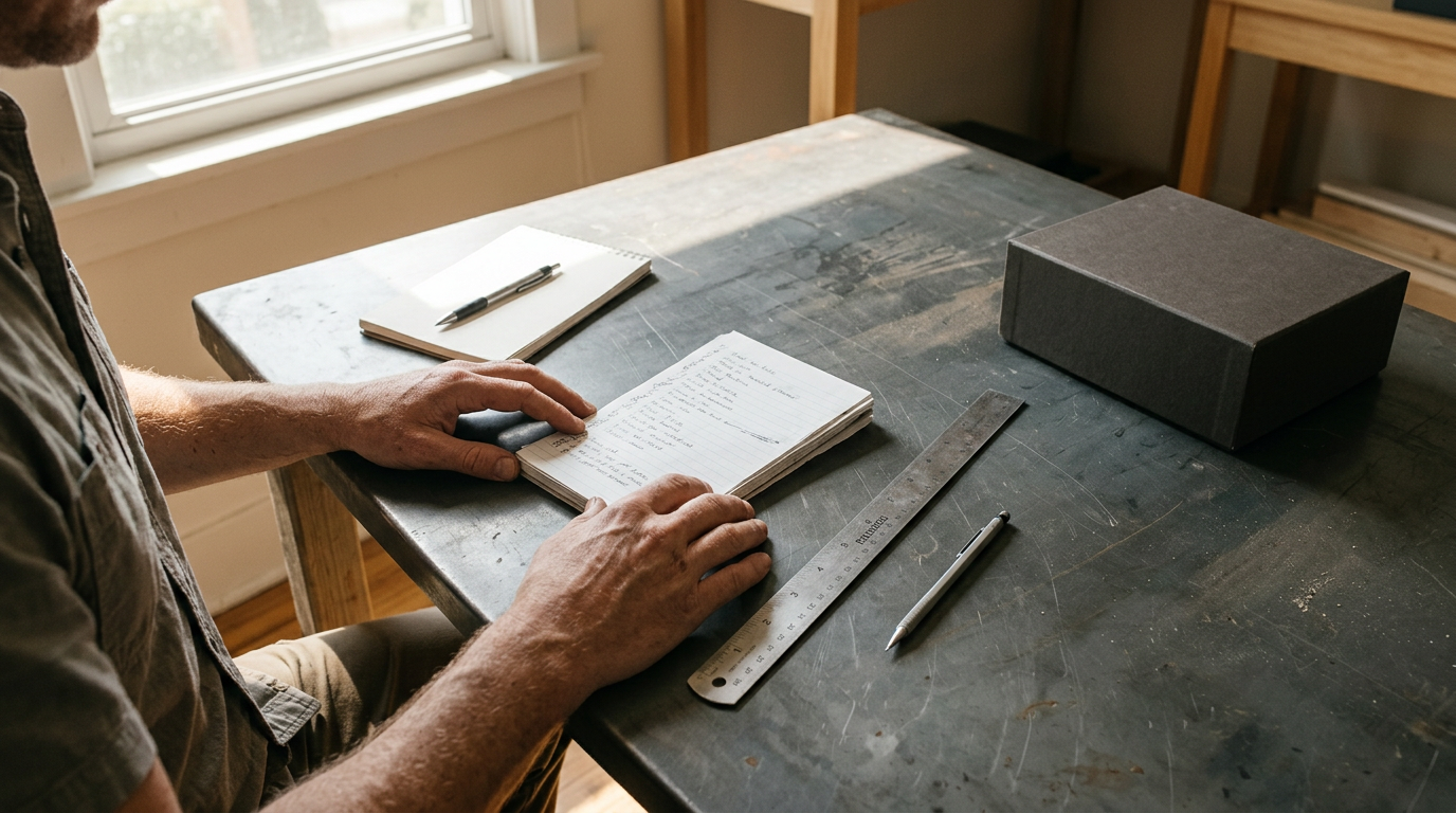A top-down, slightly oblique shot captures a cluttered, anthracite-grey workbench illuminated by harsh, unfiltered afternoon sunlight streaming through a nearby window.