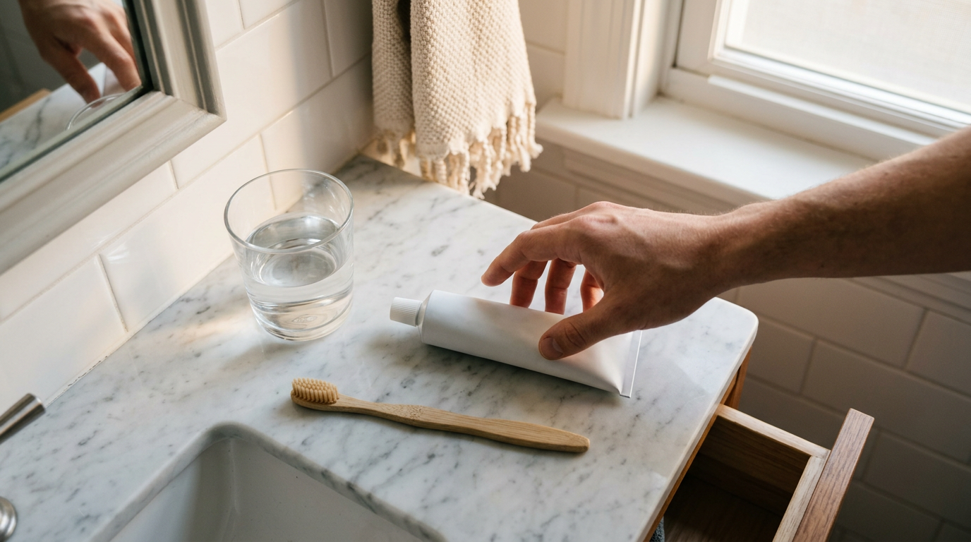 A tube of mint toothpaste and a toothbrush on a bathroom counter.