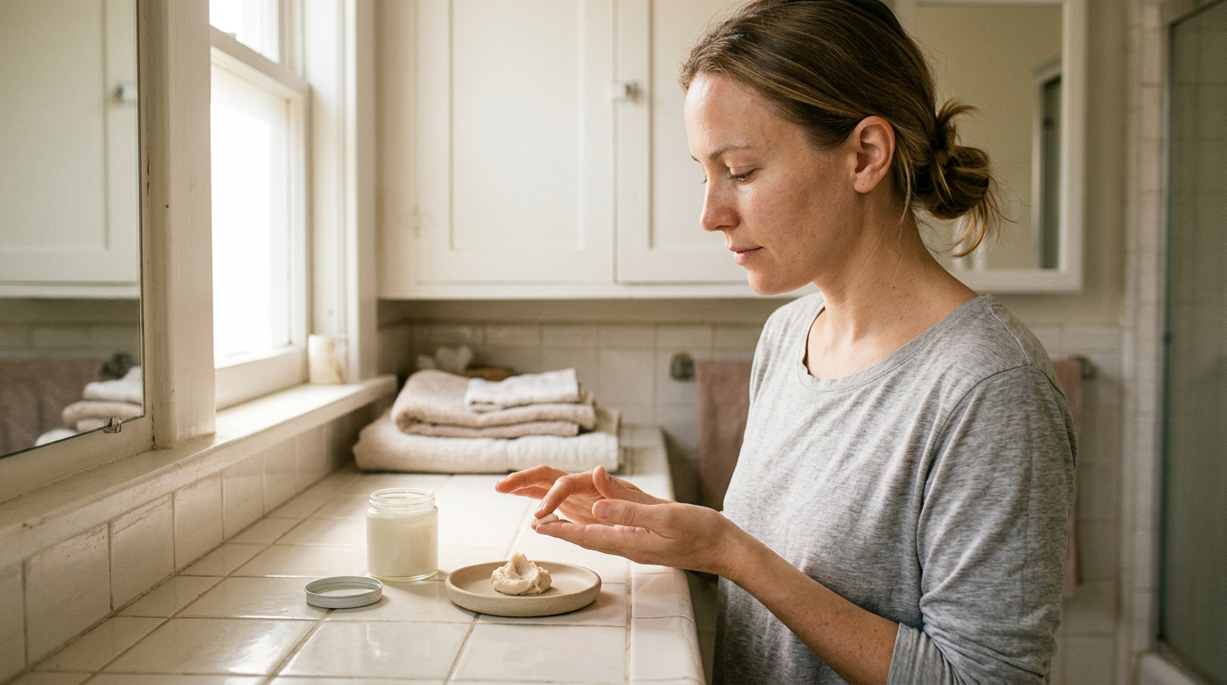 A woman with a fresh, bare face standing at a sunlit vanity.