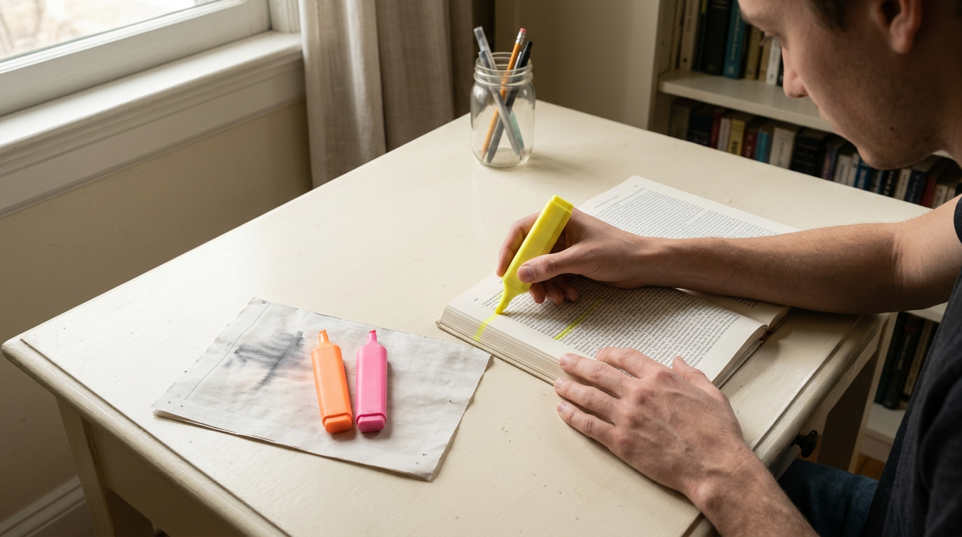 A close-up, top-down shot captures a pair of hands resting on a cream-colored desk, testing a broad chisel-tip marker on the edge of a dense, off-white academic journal.