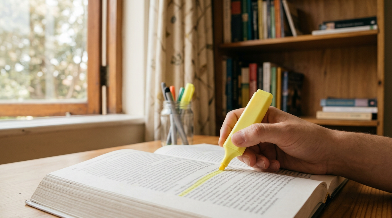 A tight, high-angle documentary shot captures a hand resting on an open textbook, mid-motion.