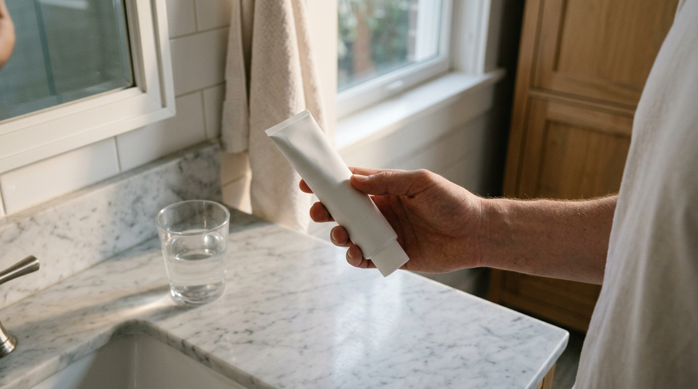 A close-up, high-angle shot captures a bathroom setting at dawn.