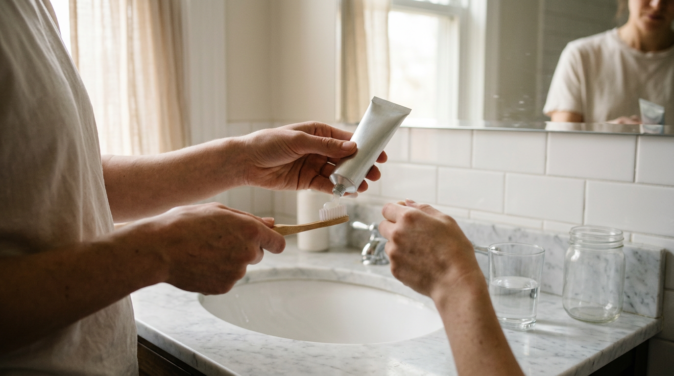 A close-up, documentary-style shot captures a pair of hands at a sunlit porcelain bathroom sink, mid-routine.