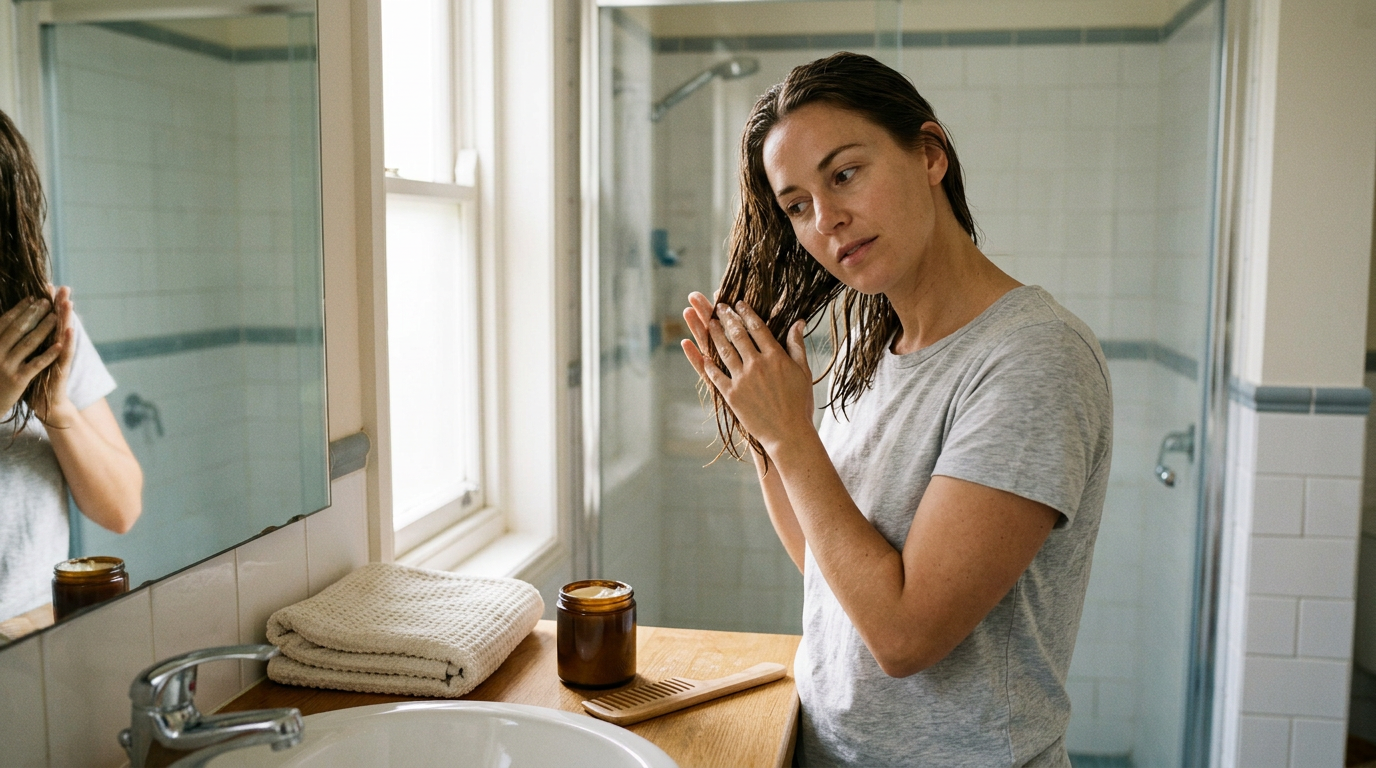 A candid, eye-level shot captures a woman in a sunlit bathroom, standing before a vanity mirror.