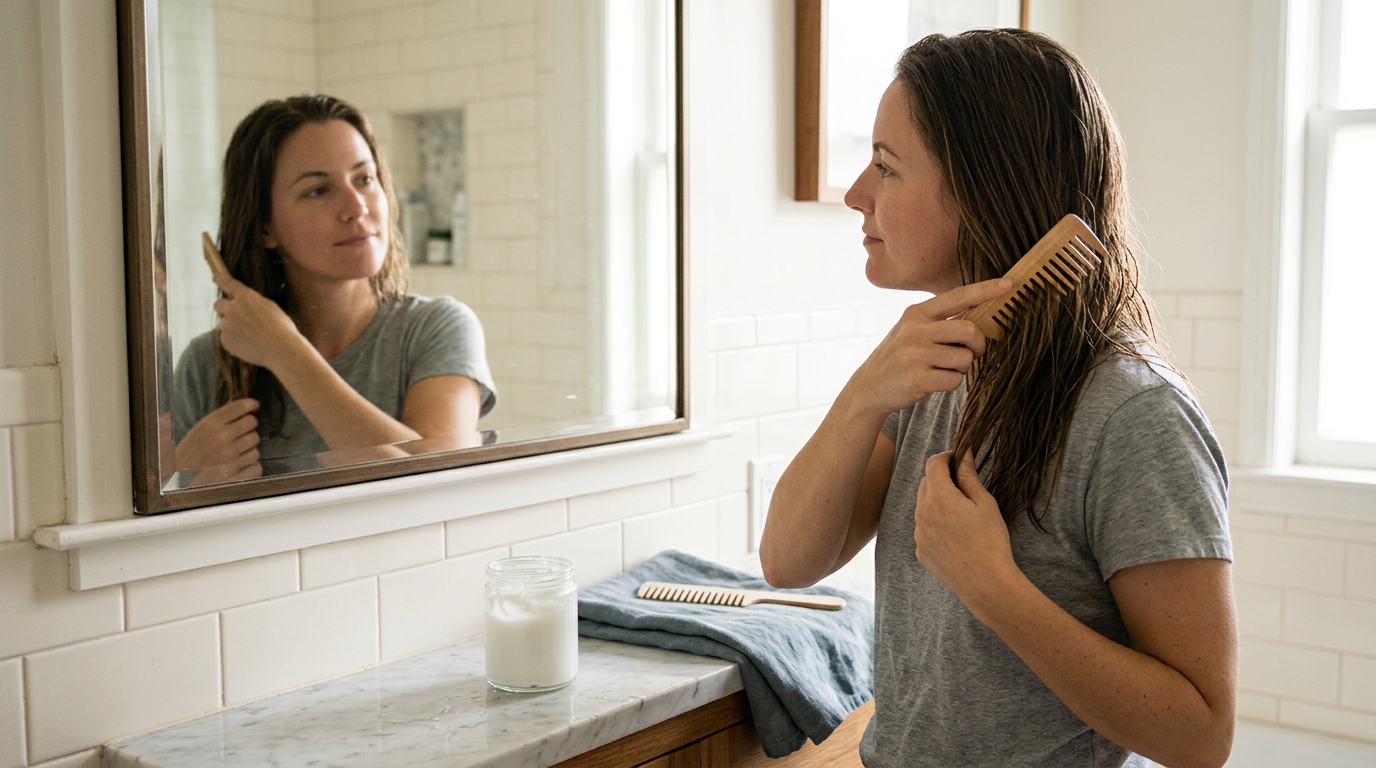 A medium-shot profile view captures the subject standing before a bathroom mirror, observing her reflection while gently detangling her damp hair with a wide-tooth comb.