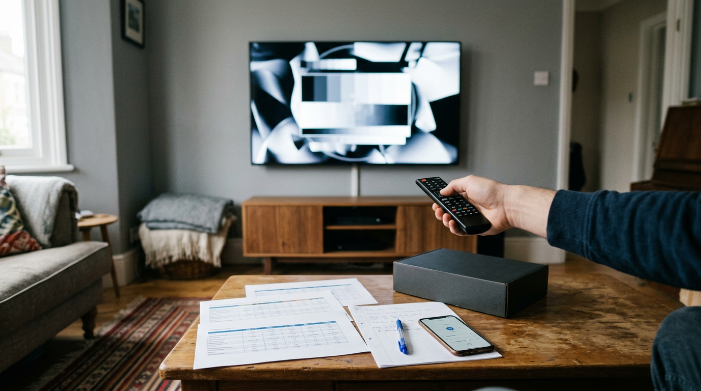 An eye-level shot captures a living room from the viewer’s perspective: a hand holds a generic remote toward a large, wall-mounted television displaying a static, high-contrast HDR