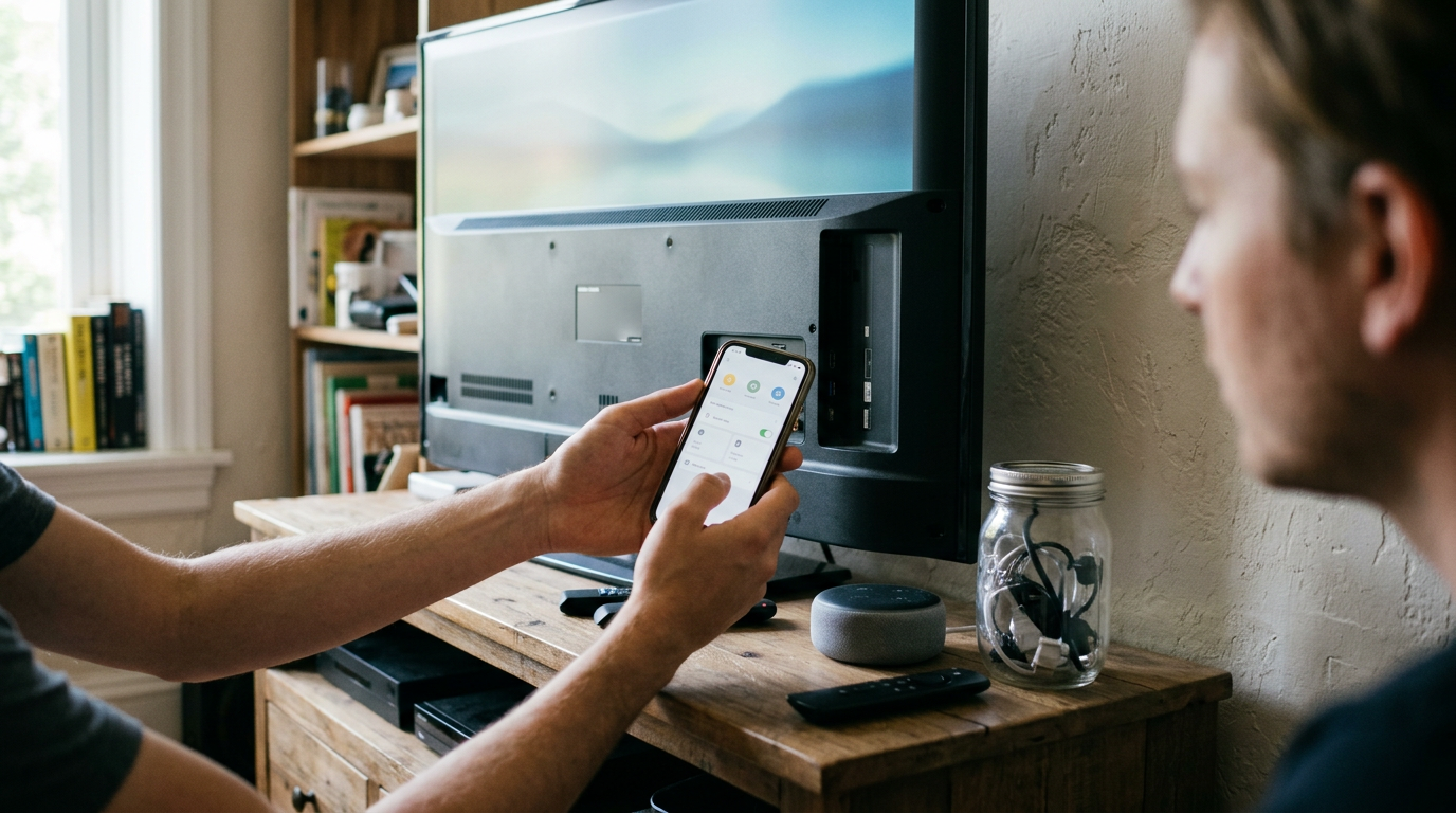 A close-up, documentary-style shot captures a pair of hands holding a smartphone near the back of a wall-mounted television.