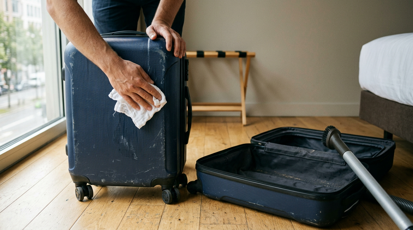 A pair of hands works a damp, white cloth over the scuffed exterior of a textured carry-on bag resting on a sun-drenched oak floor.