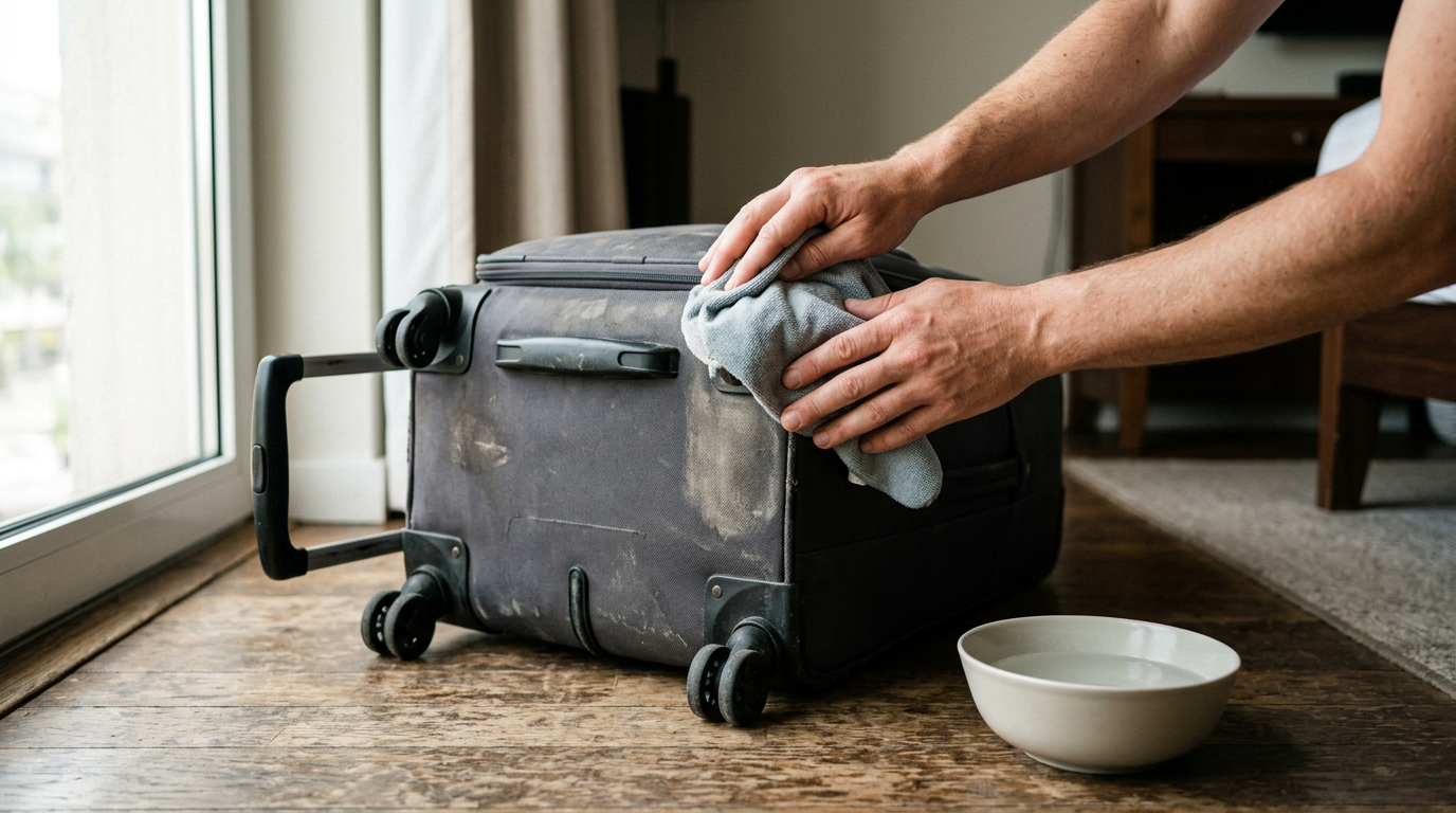 A tight, documentary-style close-up shows a pair of hands using a soft, dampened microfiber cloth to gently buff a scuffed corner of a fabric suitcase.