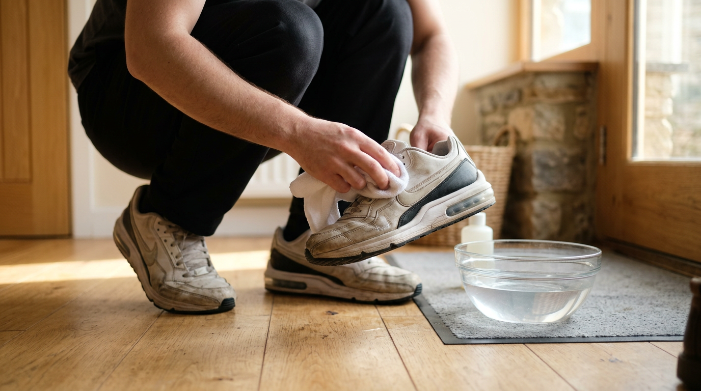 An eye-level shot captures a person crouched on a sunlit wooden floor, one hand gently scrubbing the textured mesh and leather uppers of a trainer with a soft, damp cloth.