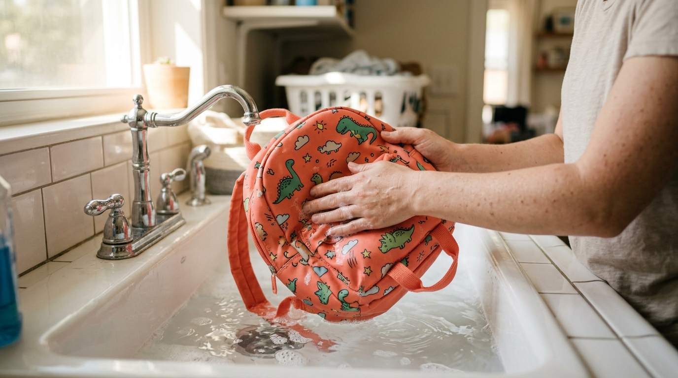 A child’s backpack being cleaned with a soft cloth beside a sink.