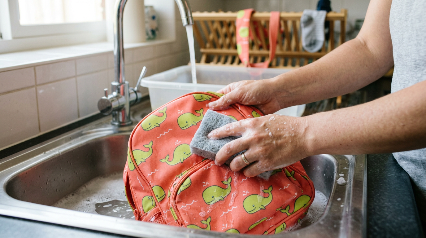 Close-up documentary shot of a sunlit laundry room or kitchen sink.