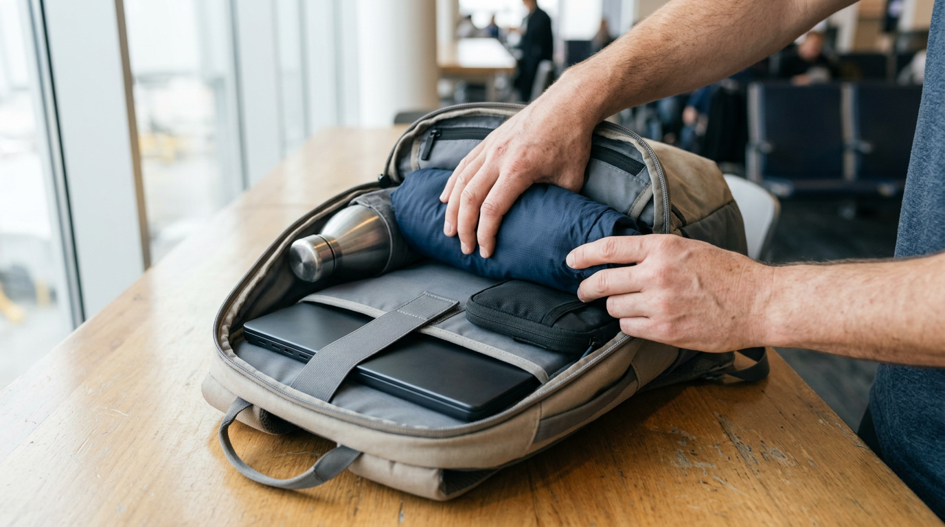 A top-down, slightly angled shot captures an open, fabric everyday pack resting on a cluttered wooden workstation.