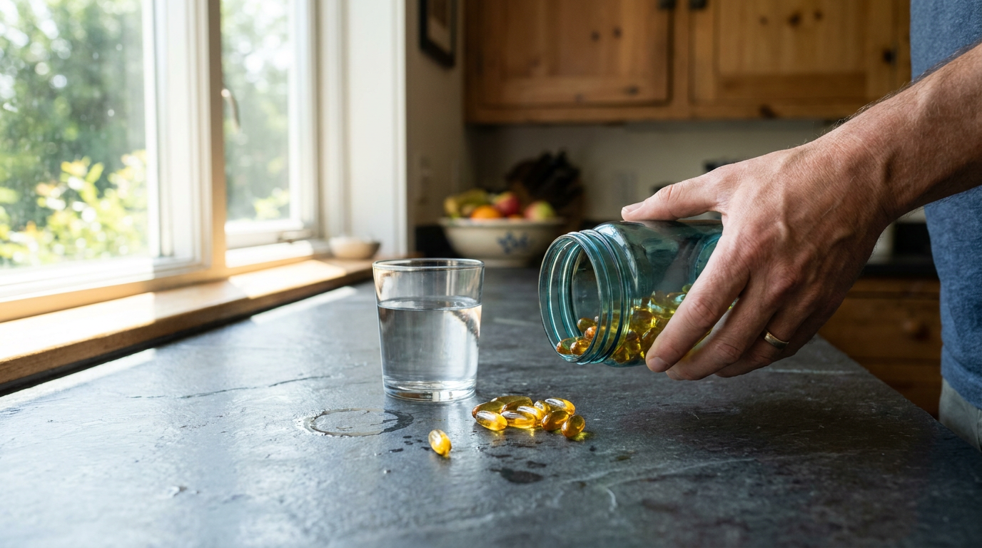 A hand pouring yellow gel capsules from a blue glass jar onto a dark countertop next to a glass of water.