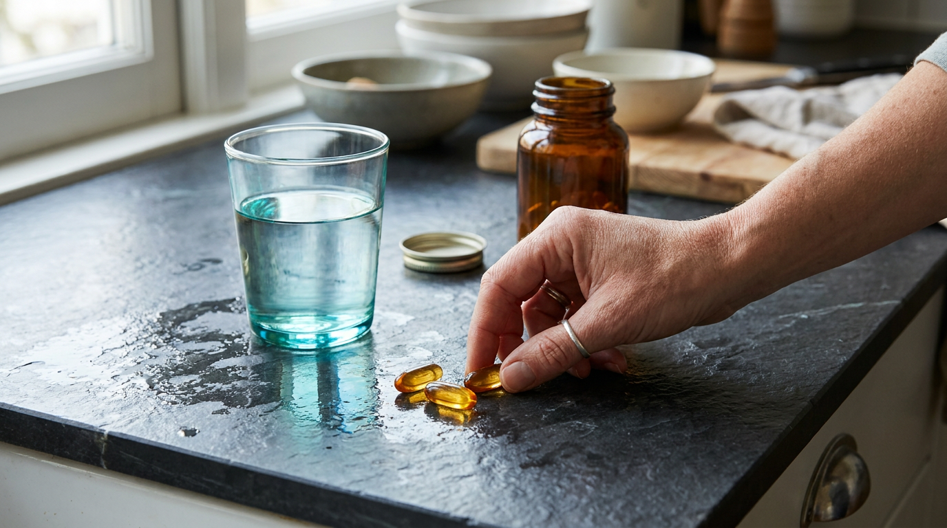 A hand reaches for golden softgel capsules on a dark kitchen counter next to a glass of water and an open amber bottle.