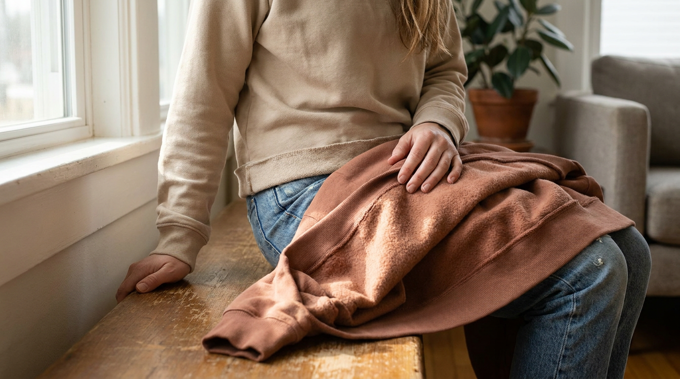 A person in a beige sweatshirt and blue jeans sits on a wooden bench, resting their hand on a folded, rust-colored sweatshirt.