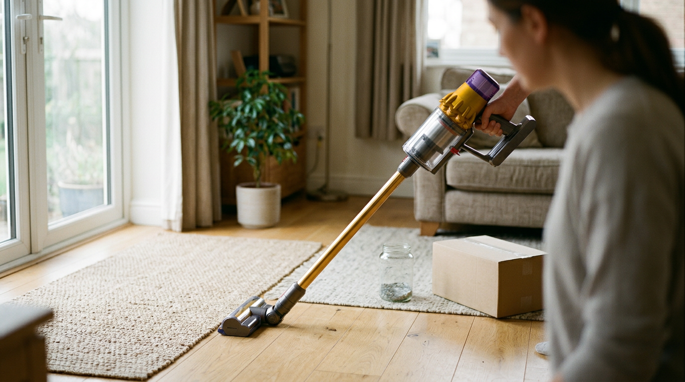 A premium, richly composed still life evoking dyson v15 detect cordless vacuum cleaner, with realistic natural materials, water or texture detail and cinematic side light.