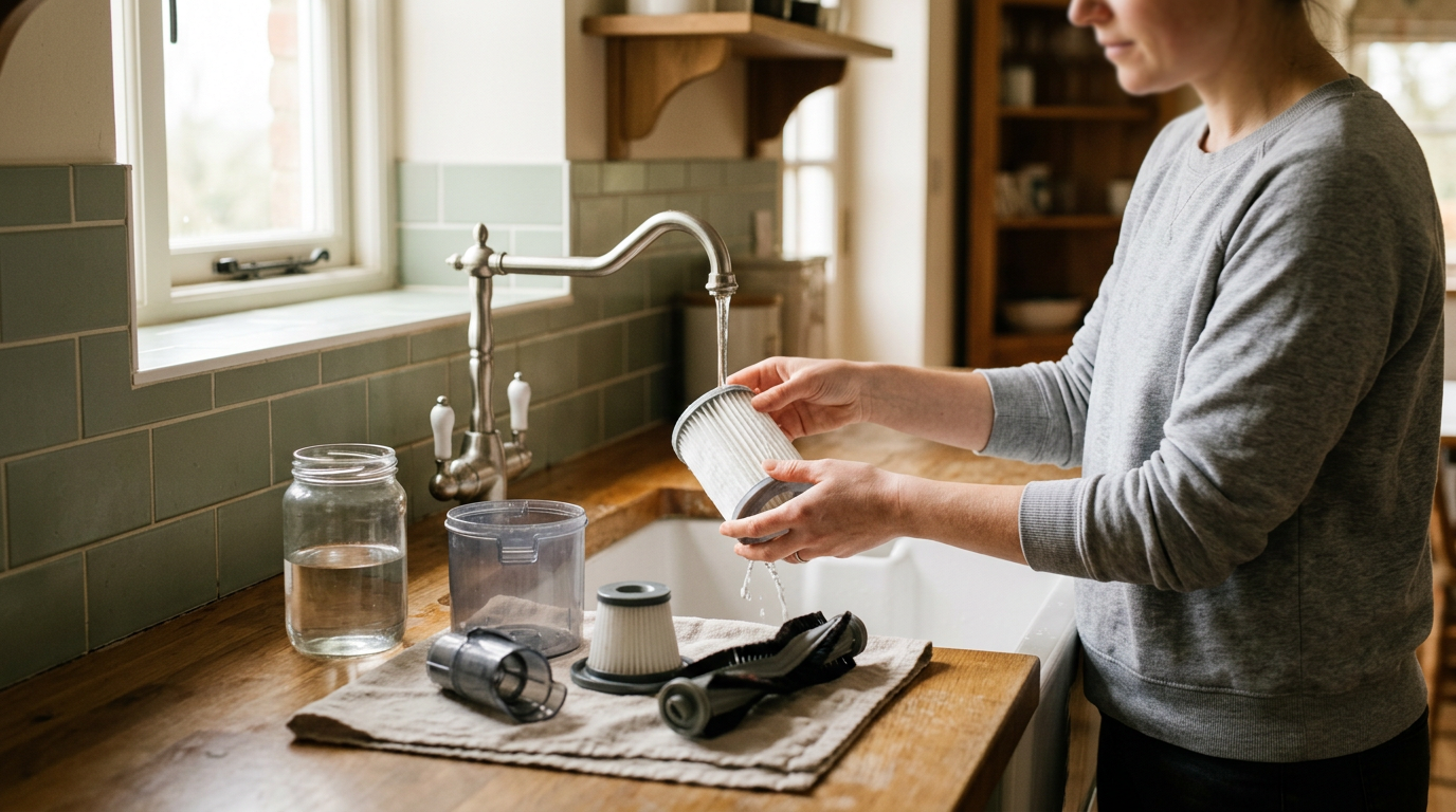 Hands rinse a cylindrical Dyson vacuum filter under running water.