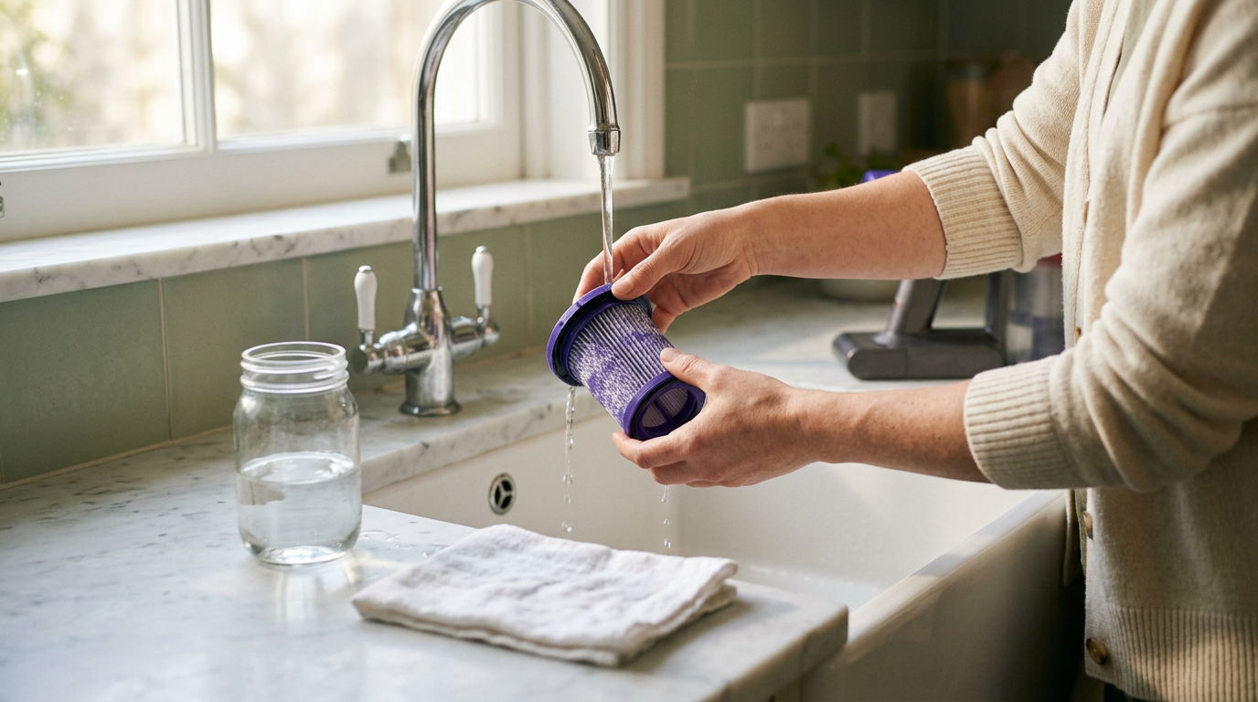 A high-angle close-up captures a pair of hands gently rinsing a pleated circular filter under a soft stream of water in a sunlit farmhouse sink.