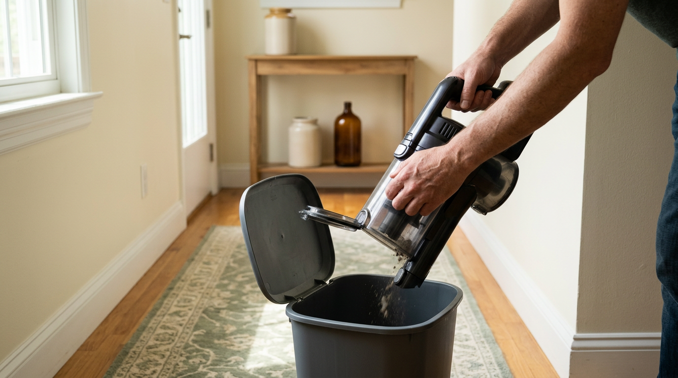 A person guides a Dyson cordless stick vacuum along a bright hallway.