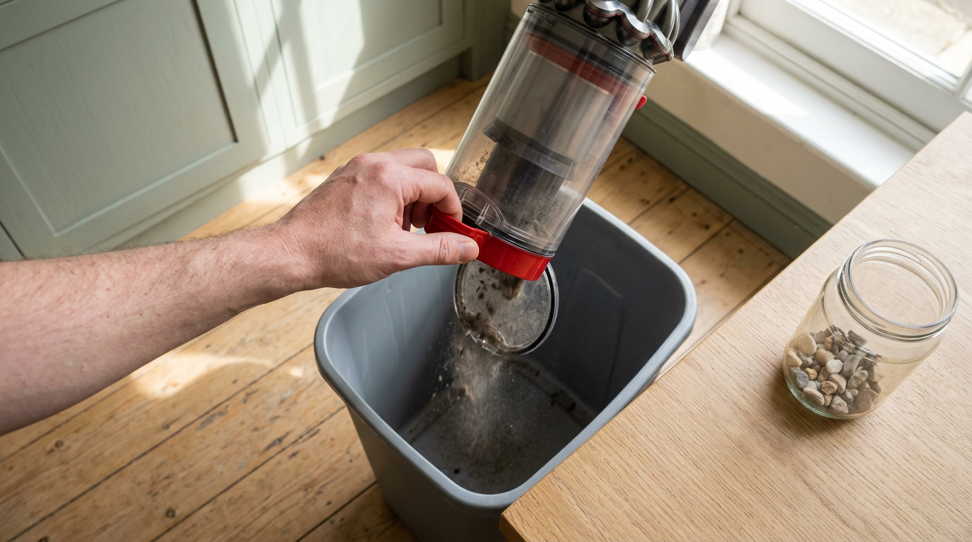 A tight, top-down shot of a user’s hand manually triggering the debris-ejection mechanism over a kitchen bin.