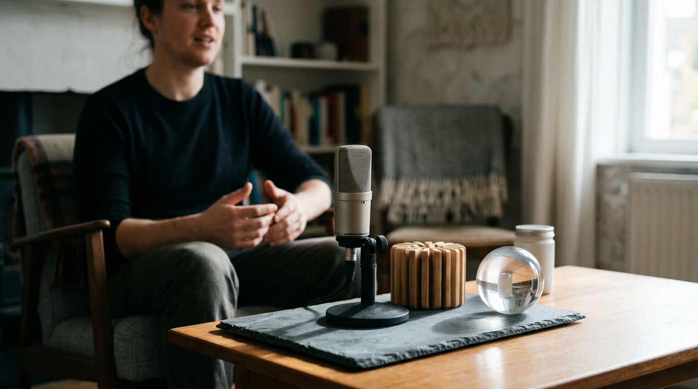 A solitary, high-end studio microphone stands centered on a slab of honed slate, flanked by a tactile wooden sound diffuser.