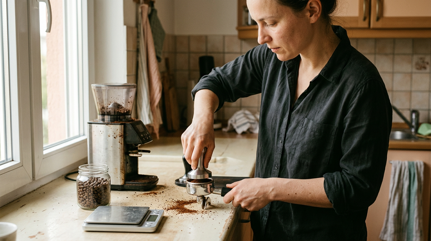A person levels coffee grounds in a portafilter with a metal tamper.