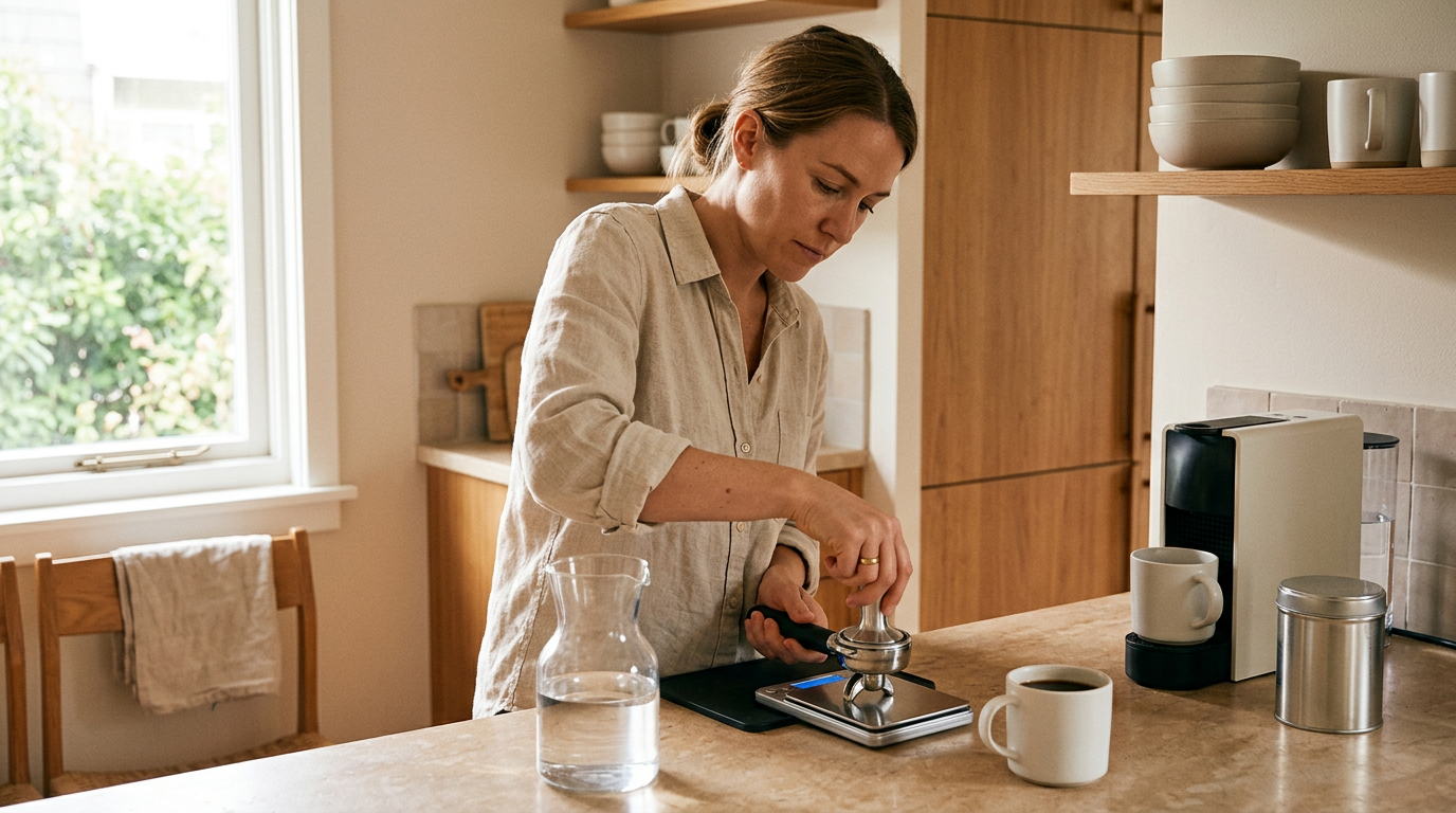 A three-quarter shot captures a person at a kitchen counter, focused intently on tamping grounds into a portafilter.