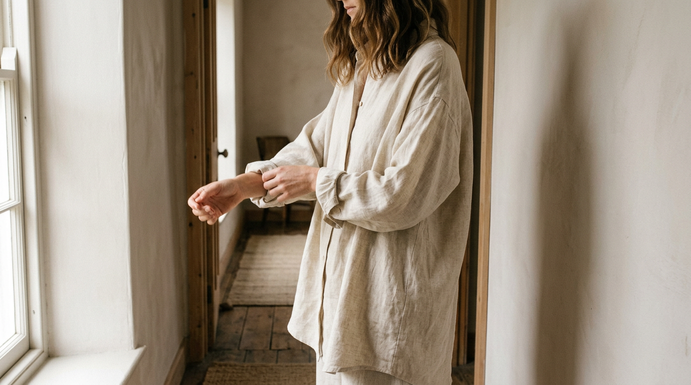 A woman wearing a linen shirt in a sunlit hallway.