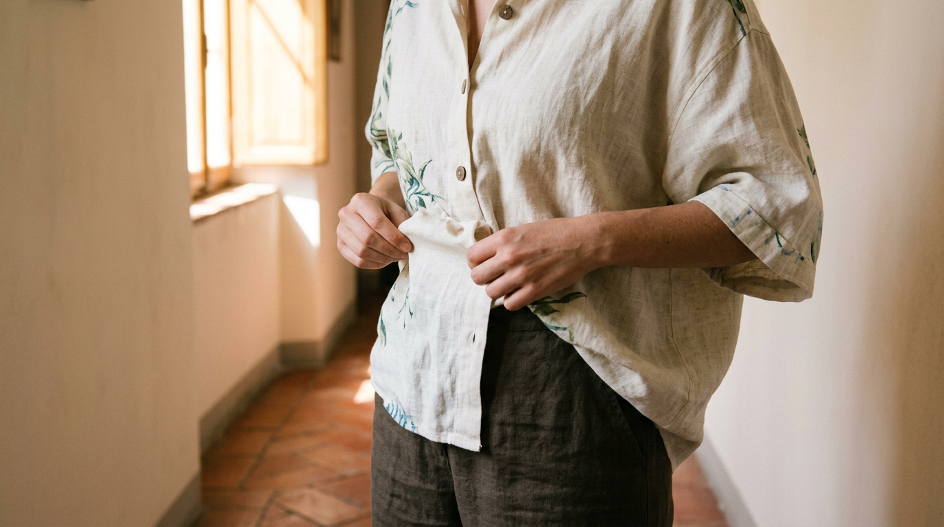 A close-up, waist-up shot inside a sun-drenched hallway.