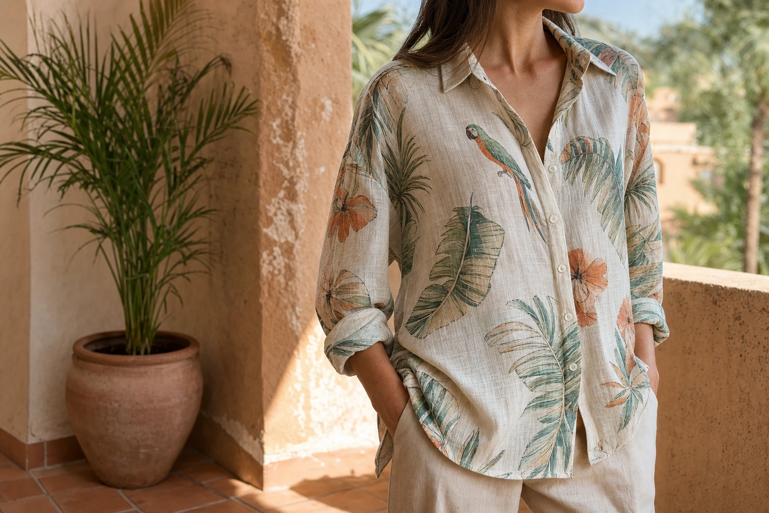 A person in a light tropical-print shirt with a parrot and leaves stands on a balcony next to a potted palm plant.