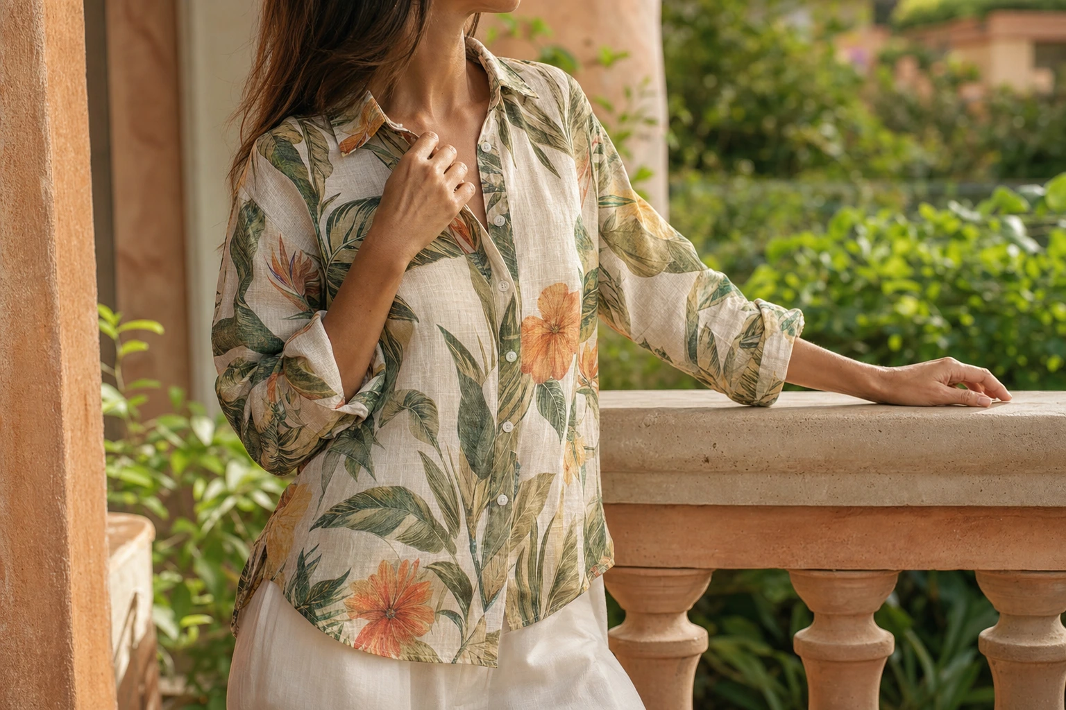 A woman wearing a beige linen button-up shirt with a tropical floral pattern stands by a stone balcony railing.
