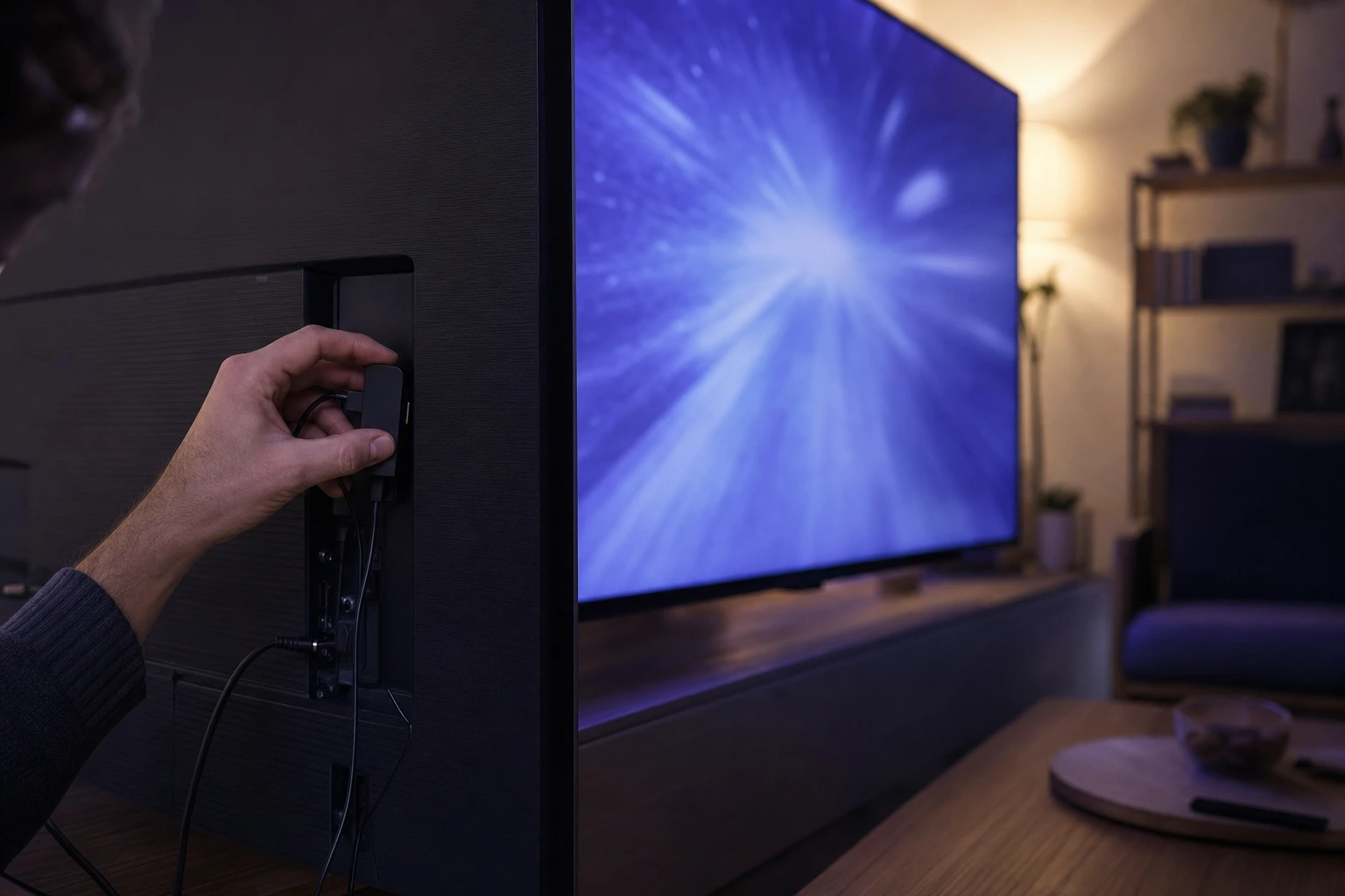 A hand plugging a small black device into the back panel of a television displaying a bright blue light pattern on its screen.