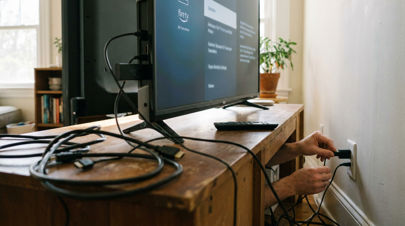 Hands plug a power adapter into a wall outlet behind a wooden TV stand holding a flat-screen television and tangled black cables.