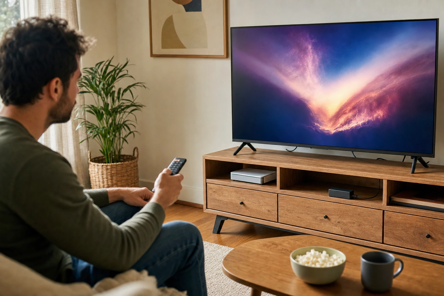 A man in a living room uses a remote to control a large TV screen displaying a colorful nebula, sitting on a wooden media console.