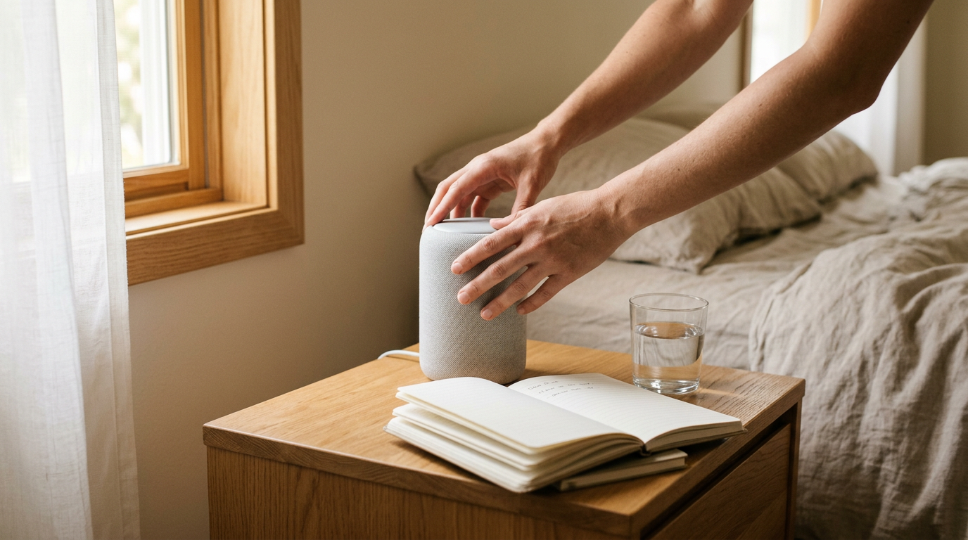 A person adjusts a fabric-covered sunrise alarm clock on an oak bedside table.