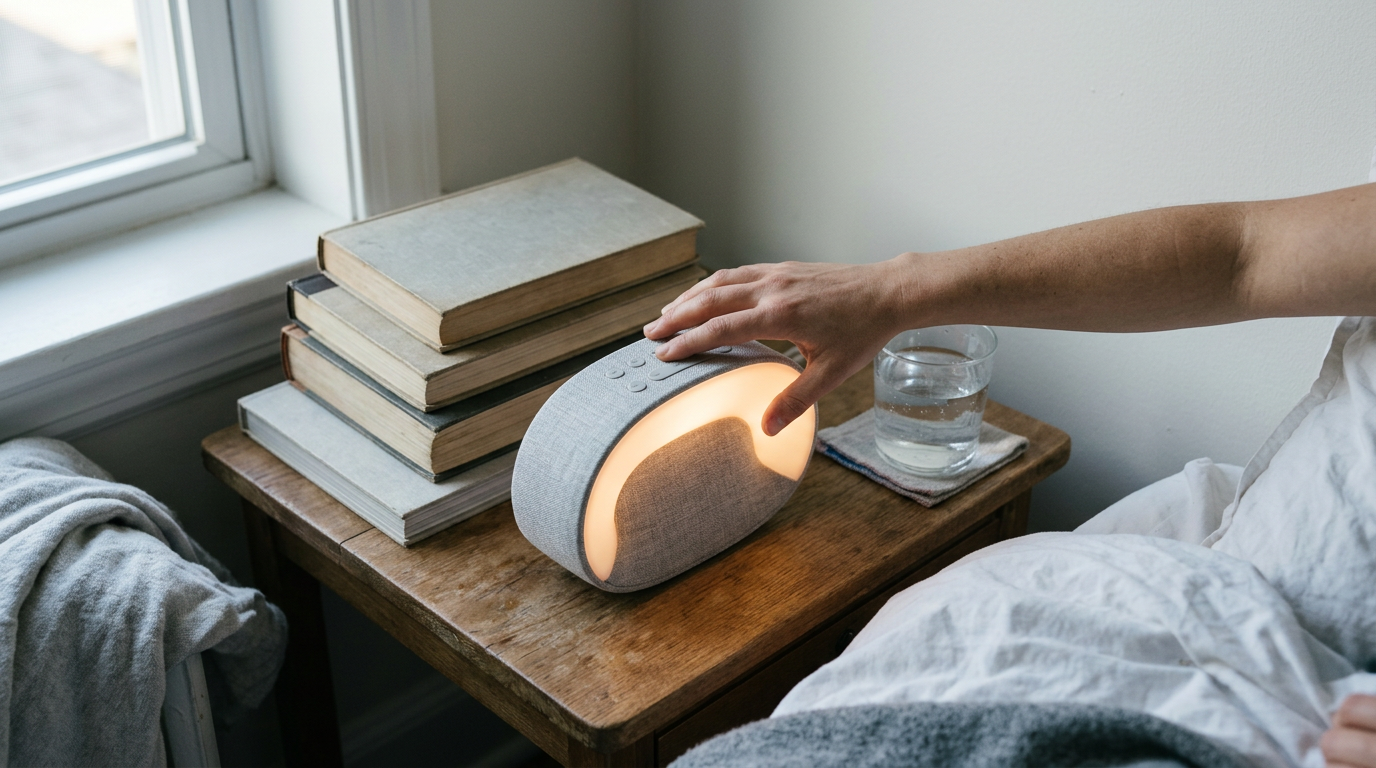 A close-up, top-down shot of a bedside nightstand at dawn.