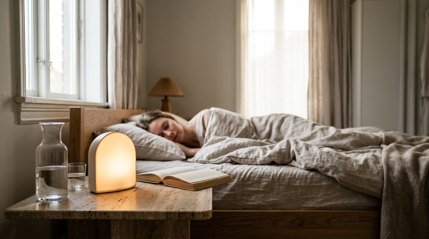 A minimalist sunrise alarm clock rests on a textured travertine bedside table, its soft, curved form glowing with a warm, diffused amber light.