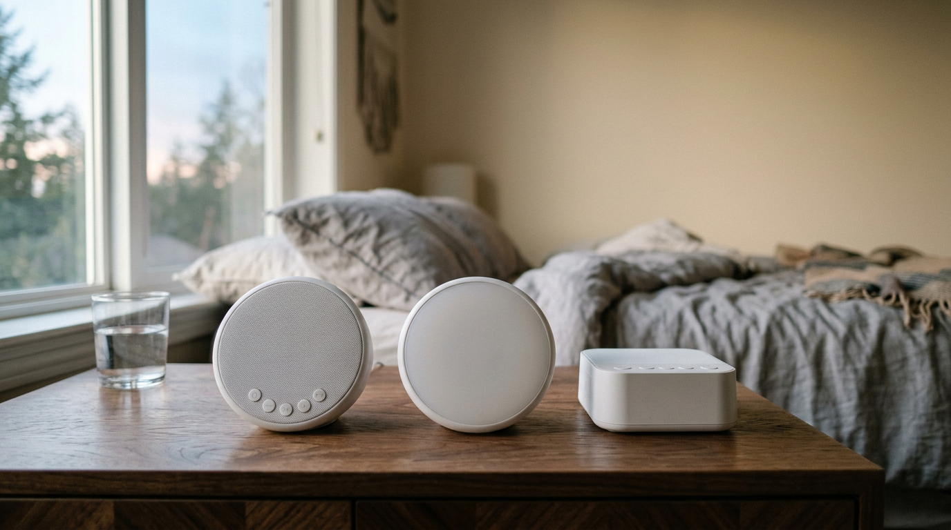 A close-up, shallow-depth shot captures the device resting on a bedside table made of dark, textured walnut.
