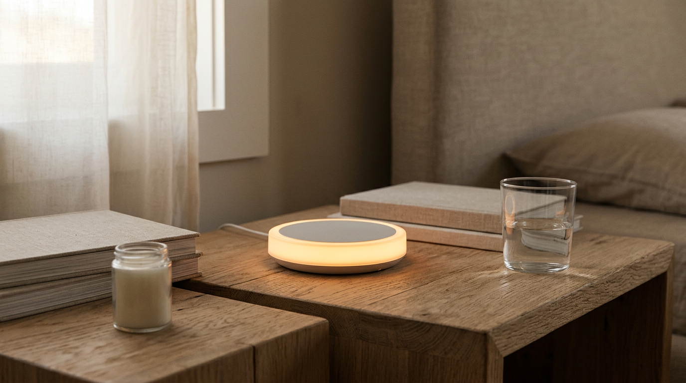 A sunrise alarm clock glowing softly on a wooden bedside table at dawn.