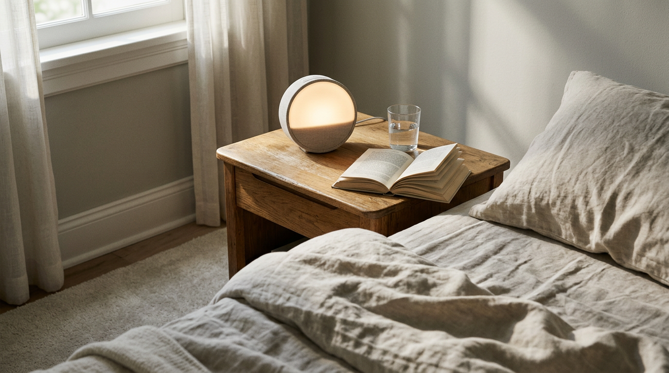 A high-angle, documentary-style shot showing a minimalist bedside table in a sun-drenched bedroom.