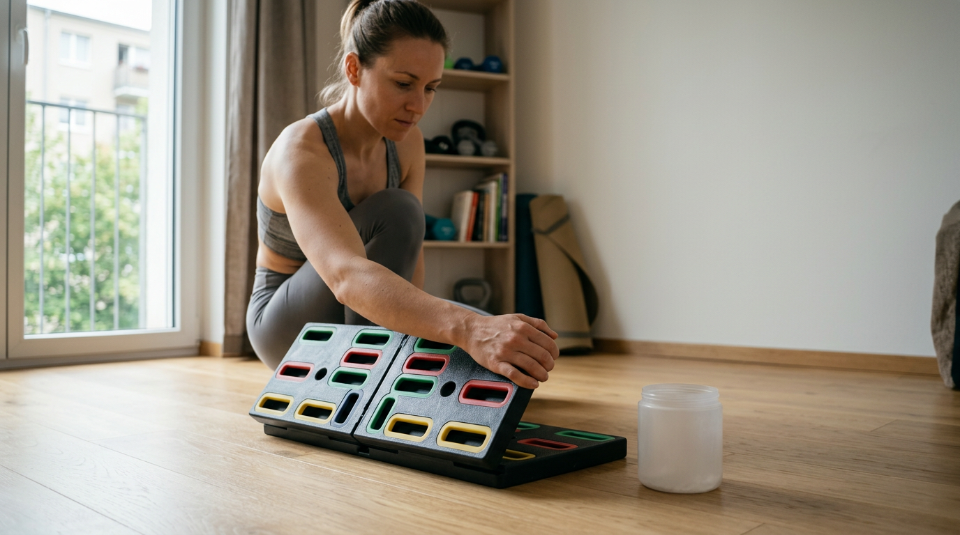 A folding multi-angle training platform rests centered on a slab of dark, honed slate, its vibrant color-coded grip slots creating a rhythmic geometric pattern.