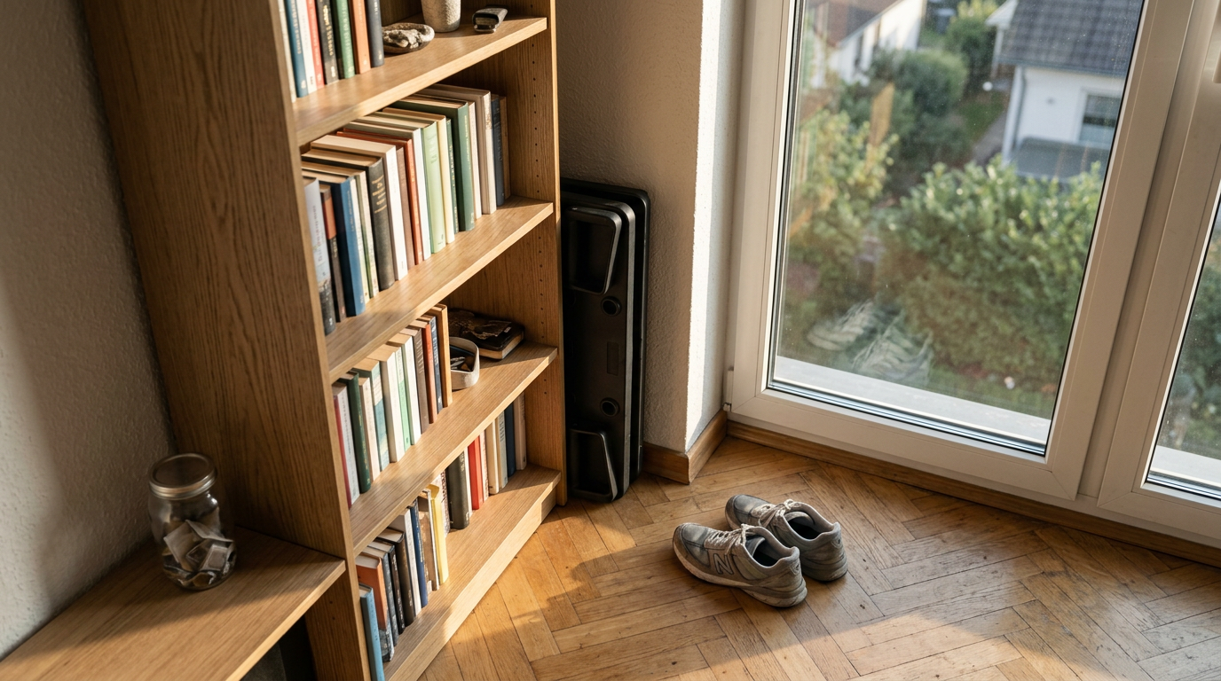 A high-angle, documentary-style shot showing the equipment folded and tucked away in the sliver of space between a textured oak bookshelf and a floor-to-ceiling window.