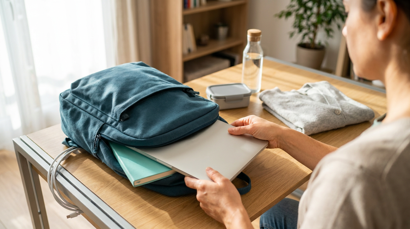 A laptop, notebook, lunch container and water bottle arranged beside a blue backpack.