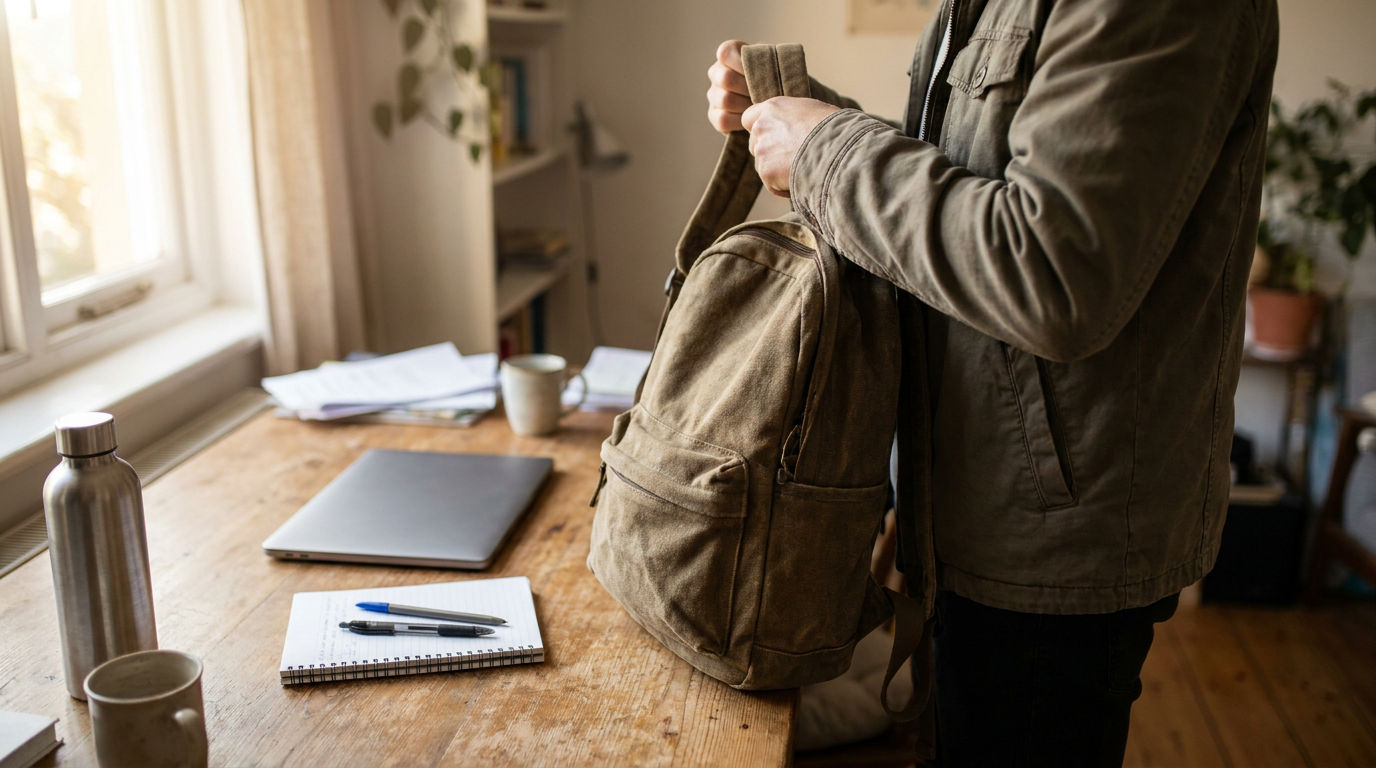 A person wearing an olive green jacket holds a brown canvas backpack next to a wooden desk with a laptop, notebook, and water bottle.