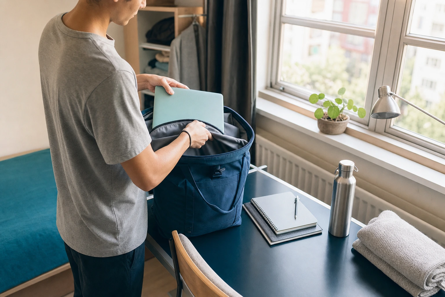 A man in a grey t-shirt packs a light green laptop into a blue bag on a desk next to a window.