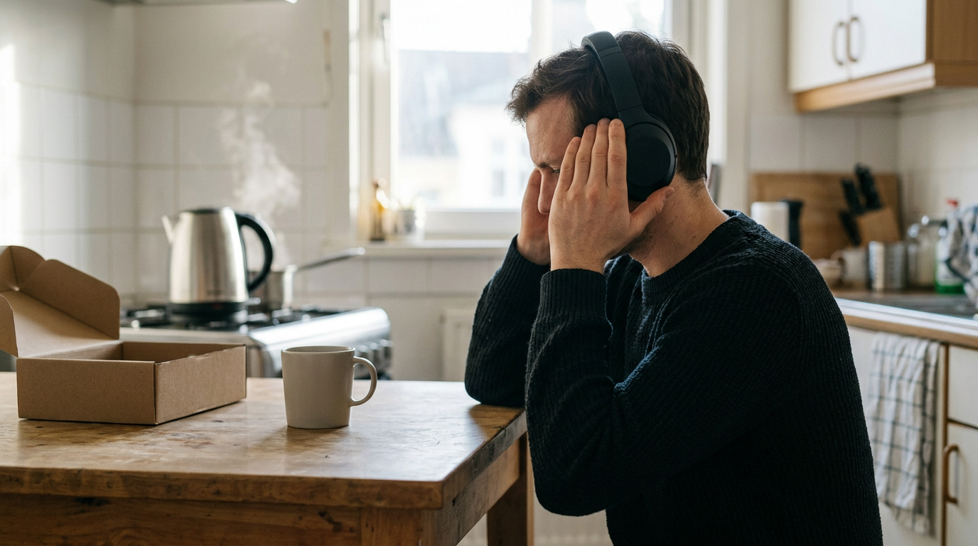 A shallow-depth, eye-level shot captures a person at a kitchen island, their hands tensely pressed against the cups of an over-ear headset while they lean toward a window.